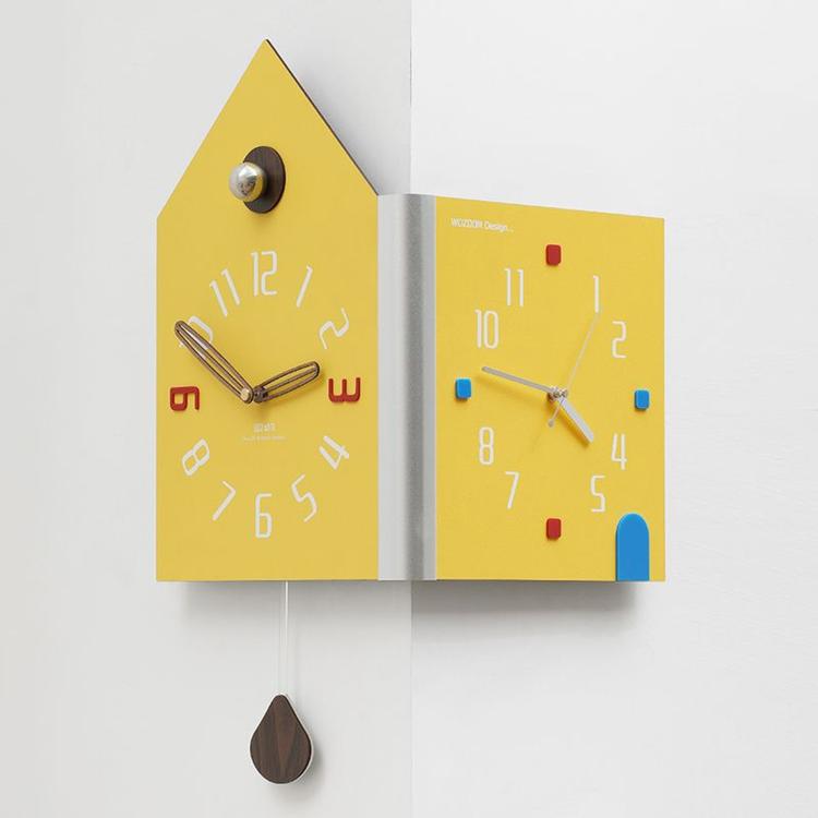 wozoom Modern Corner Double Sided Wall Clock Silent House Shaped Decorative Clock, Cream White Medium, Cream White Large, Yellow Medium, Yellow Large, White Medium, White Large – Durable Build, Easy to Use Yellow Large
