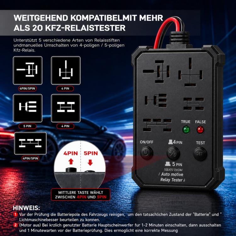 12V 24V Automotive Relay Tester 5-Socket Universal 4-Pin & 5-Pin Auto Relay Diagnostic Tool – Durable Build, Easy to Use