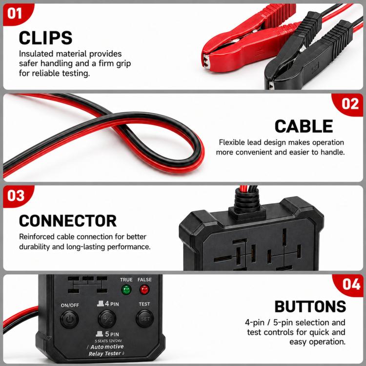 12V 24V Automotive Relay Tester 5-Socket Universal 4-Pin & 5-Pin Auto Relay Diagnostic Tool – Durable Build, Easy to Use