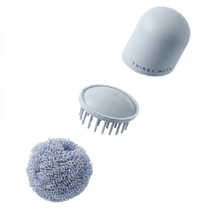 Polyester Cleaning Ball Household Handle Cleaning Brush Kitchen Short Handle Dishwashing Pot Brush, White, Blue, 4 Replacement Heads