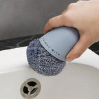 Polyester Cleaning Ball Household Handle Cleaning Brush Kitchen Short Handle Dishwashing Pot Brush, White, Blue, 4 Replacement Heads