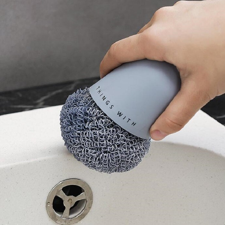Polyester Cleaning Ball Household Handle Cleaning Brush Kitchen Short Handle Dishwashing Pot Brush, White, Blue, 4 Replacement Heads