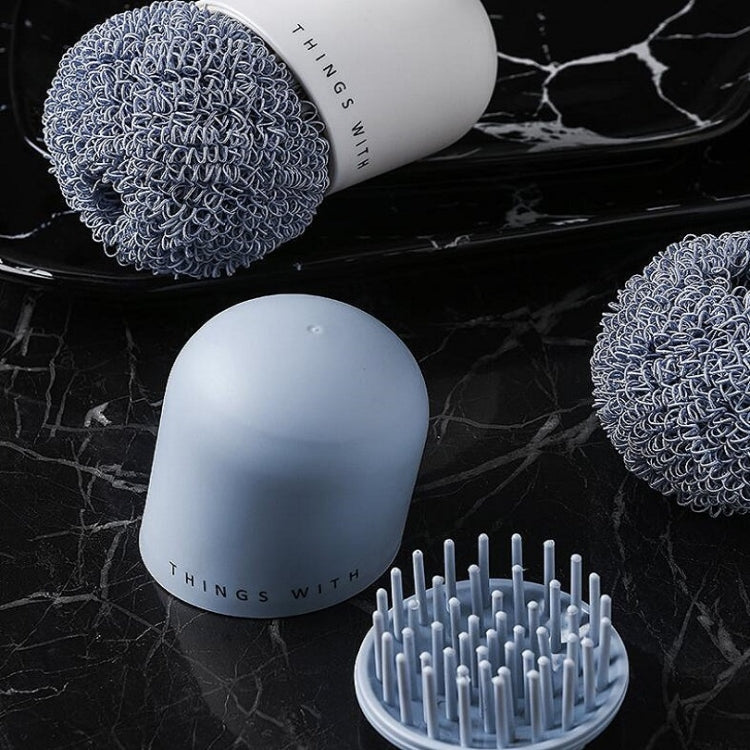 Polyester Cleaning Ball Household Handle Cleaning Brush Kitchen Short Handle Dishwashing Pot Brush, White, Blue, 4 Replacement Heads
