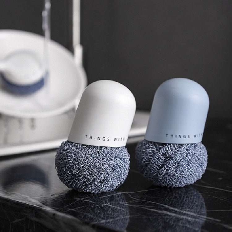Polyester Cleaning Ball Household Handle Cleaning Brush Kitchen Short Handle Dishwashing Pot Brush, White, Blue, 4 Replacement Heads