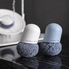 Polyester Cleaning Ball Household Handle Cleaning Brush Kitchen Short Handle Dishwashing Pot Brush, White, Blue, 4 Replacement Heads