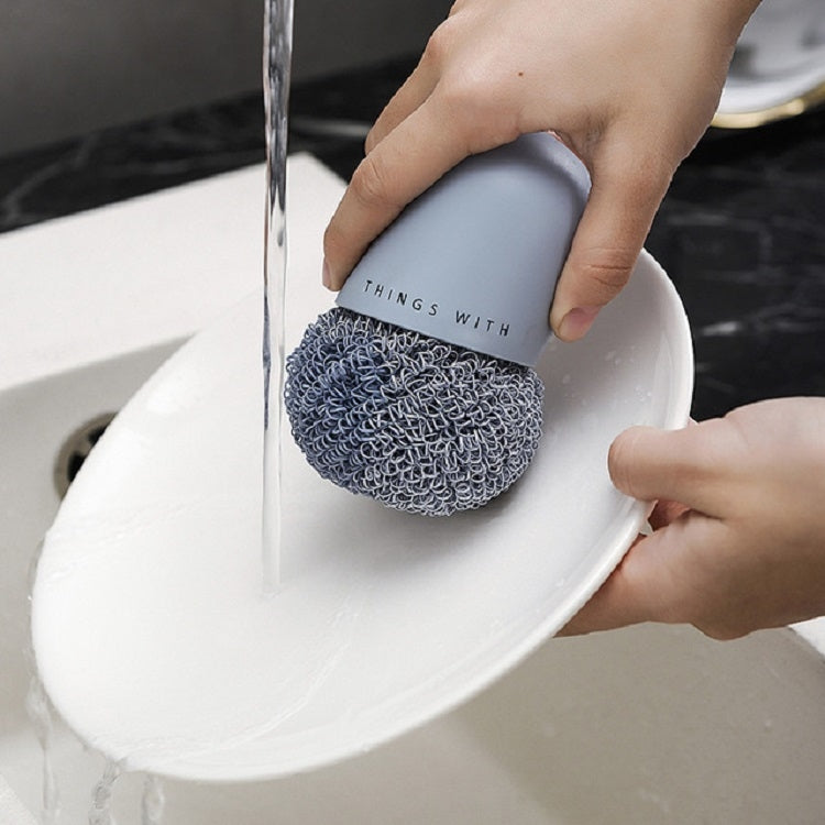 Polyester Cleaning Ball Household Handle Cleaning Brush Kitchen Short Handle Dishwashing Pot Brush, White, Blue, 4 Replacement Heads – Durable Build, Easy to Use Blue