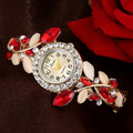 Ladies Retro Round Dial Diamond Petal Bracelet Quartz Watch Red