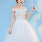 Retro Elegant Off Shoulder LaceThin Court Neat Princess Wedding Dress, S, M, L, XL, XXL, XXXL