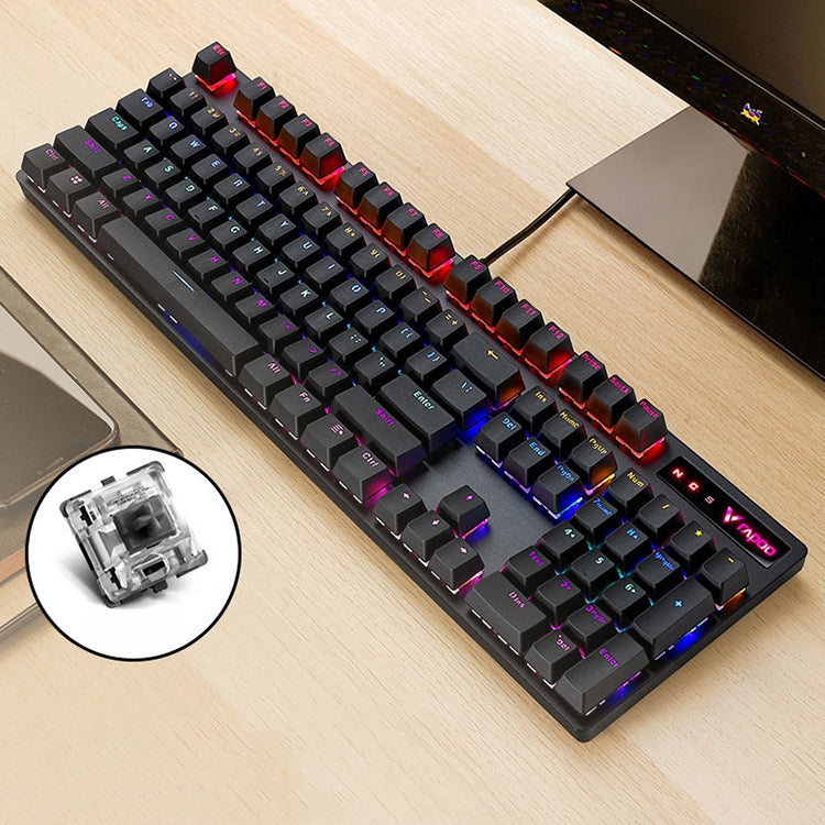 Rapoo V500 PRO Mixed Light 104 Keys Desktop Laptop Computer Game Esports Office Home Typing Wired Mechanical Keyboard, Black Shaft, Green Shaft, Tea Shaft, Red Shaft – Aluminum Alloy Black Shaft