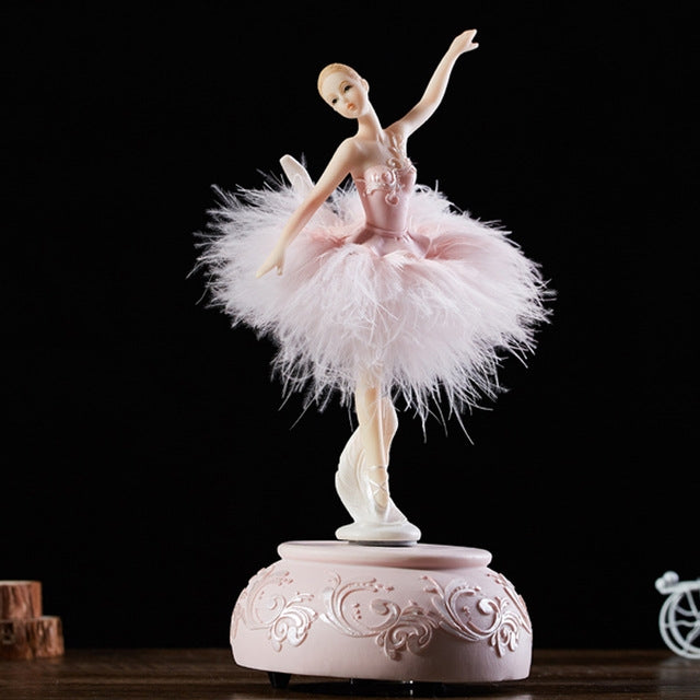 Elegant Refined Ballerina Dance Carousel Feather Music Box Pink