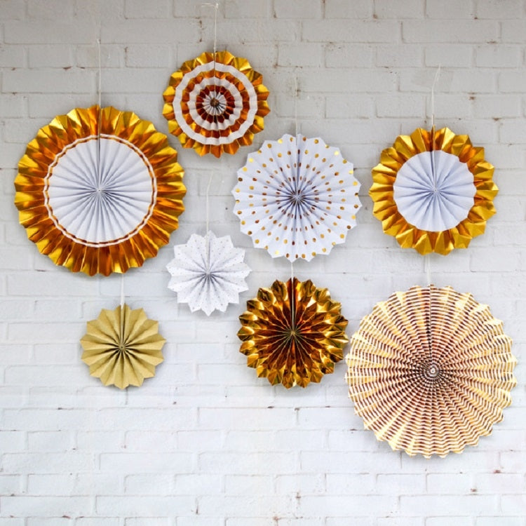 2 Sets Bronzing Paper Fan Flower Set Birthday Holiday Wedding Party Decoration, Bronzing 8pcs, Hot Silver 8pcs, Black 8pcs, Rose Gold 8pcs, Champagne Gold 8pcs, Colorful Hollow 8pcs, Bronzing 6pcs Bronzing 8pcs