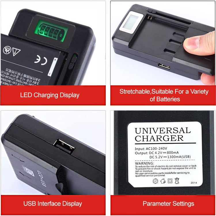 Universal Cell Phone Battery Charger with USB Output & LCD Display, US Plug, 800mA/1300mA – TPU