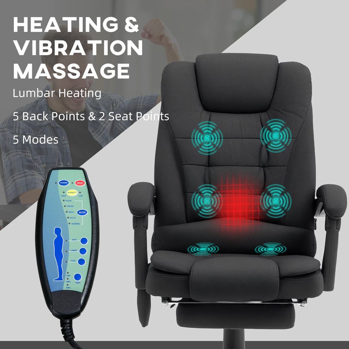 Ergonomic Heated 6 Points Vibration Massage Office Chair Black in Black