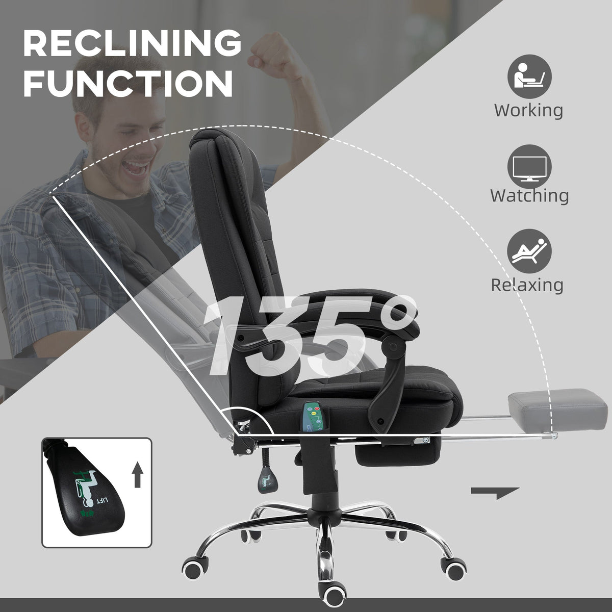 Ergonomic Heated 6 Points Vibration Massage Office Chair Black in Black