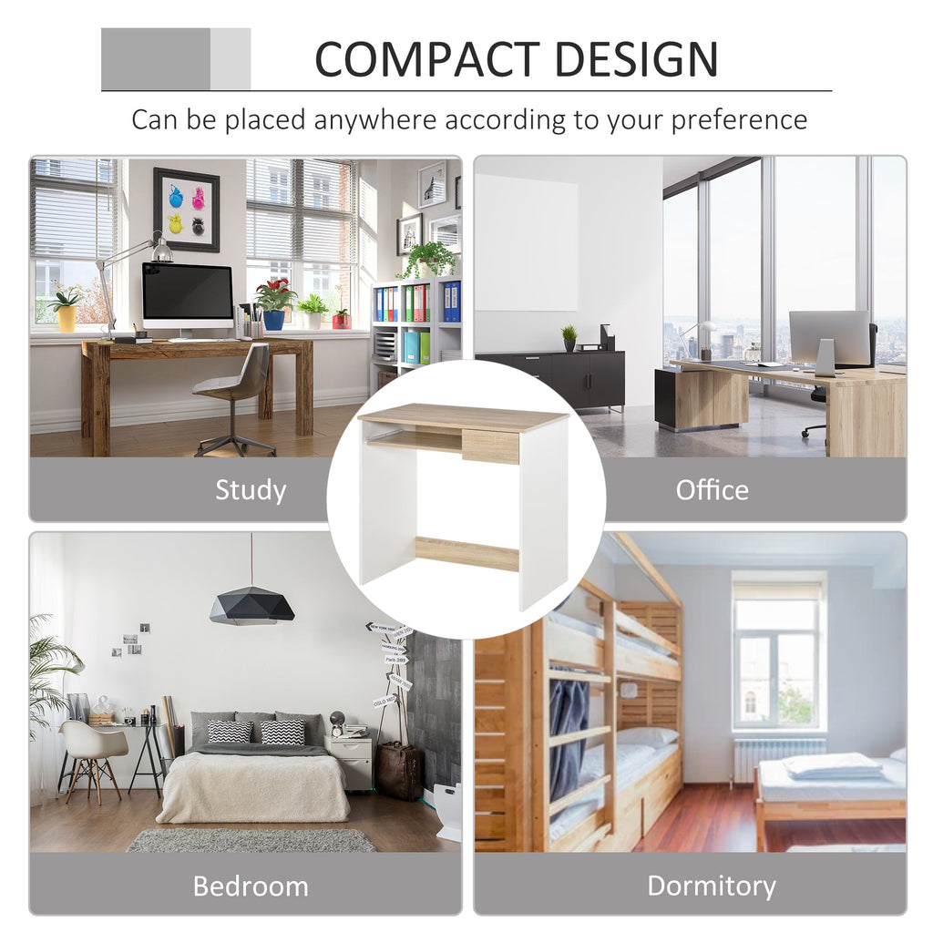 Compact Computer Desk with Keyboard Tray, Home Office Desk with Drawer for Bedroom Study, Oak Colour
