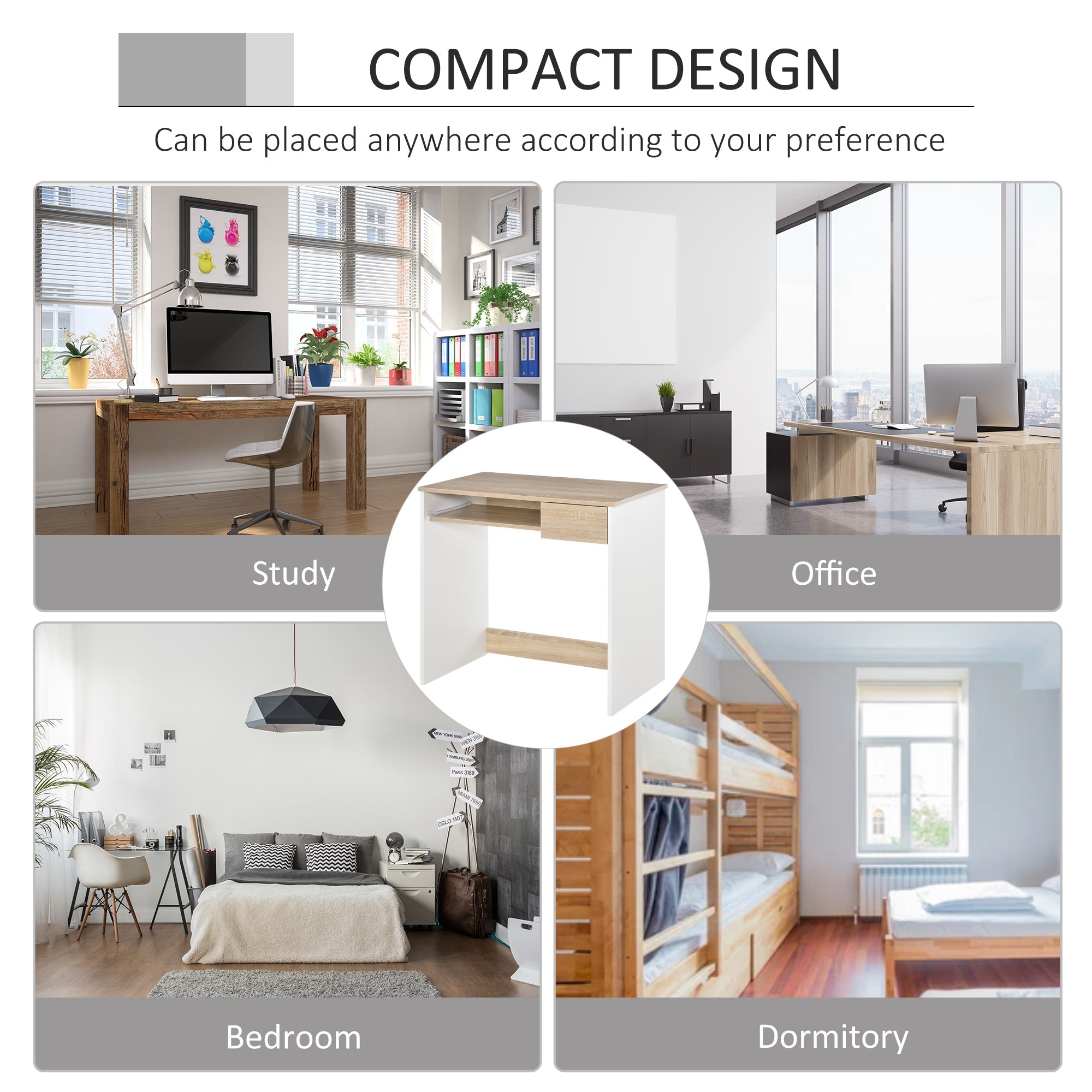 Compact Computer Desk with Keyboard Tray, Home Office Desk with Drawer for Bedroom Study, Oak Colour