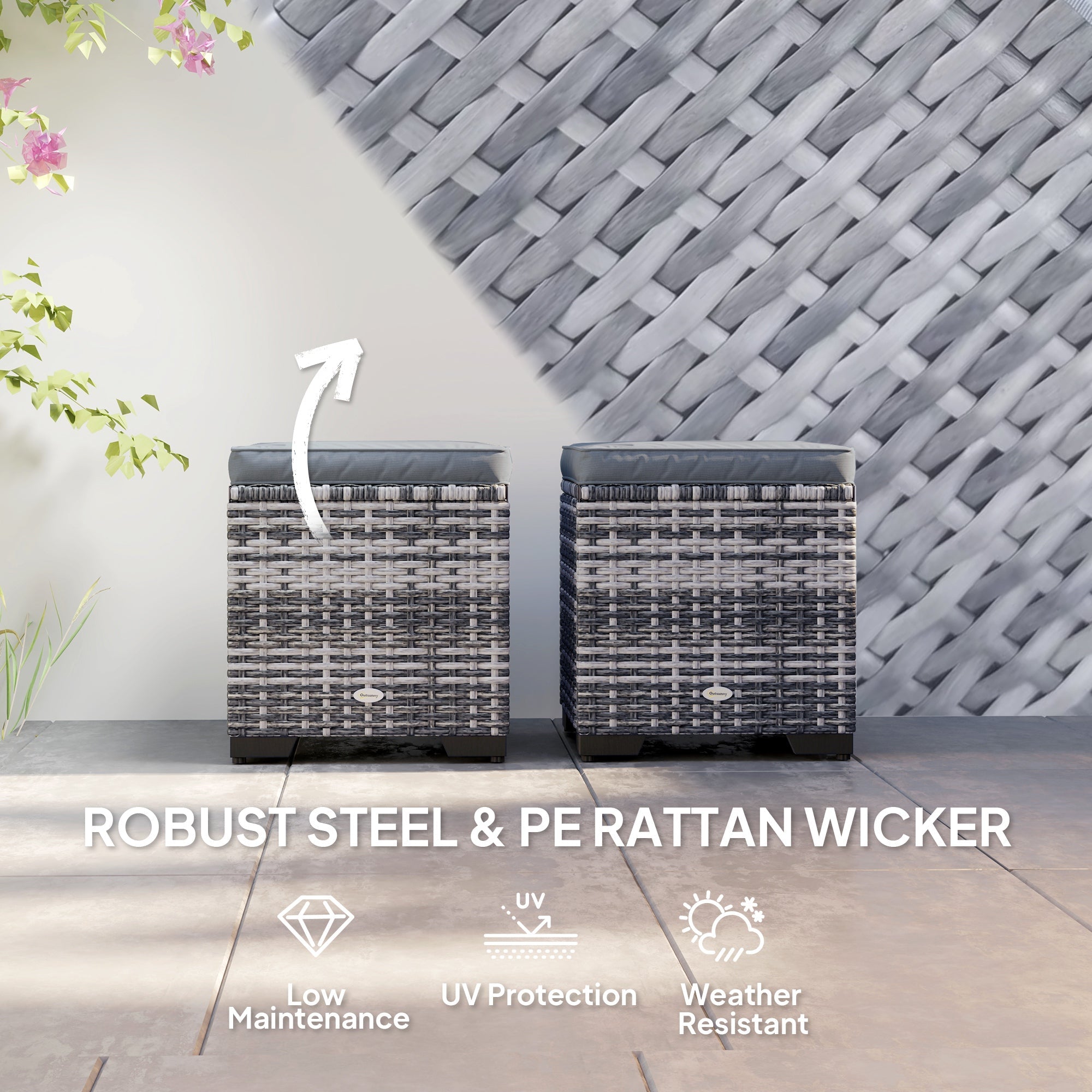 Set of 2 Rattan Storage Ottoman, Outdoor Footstool with Removable Cushions, Dark Grey