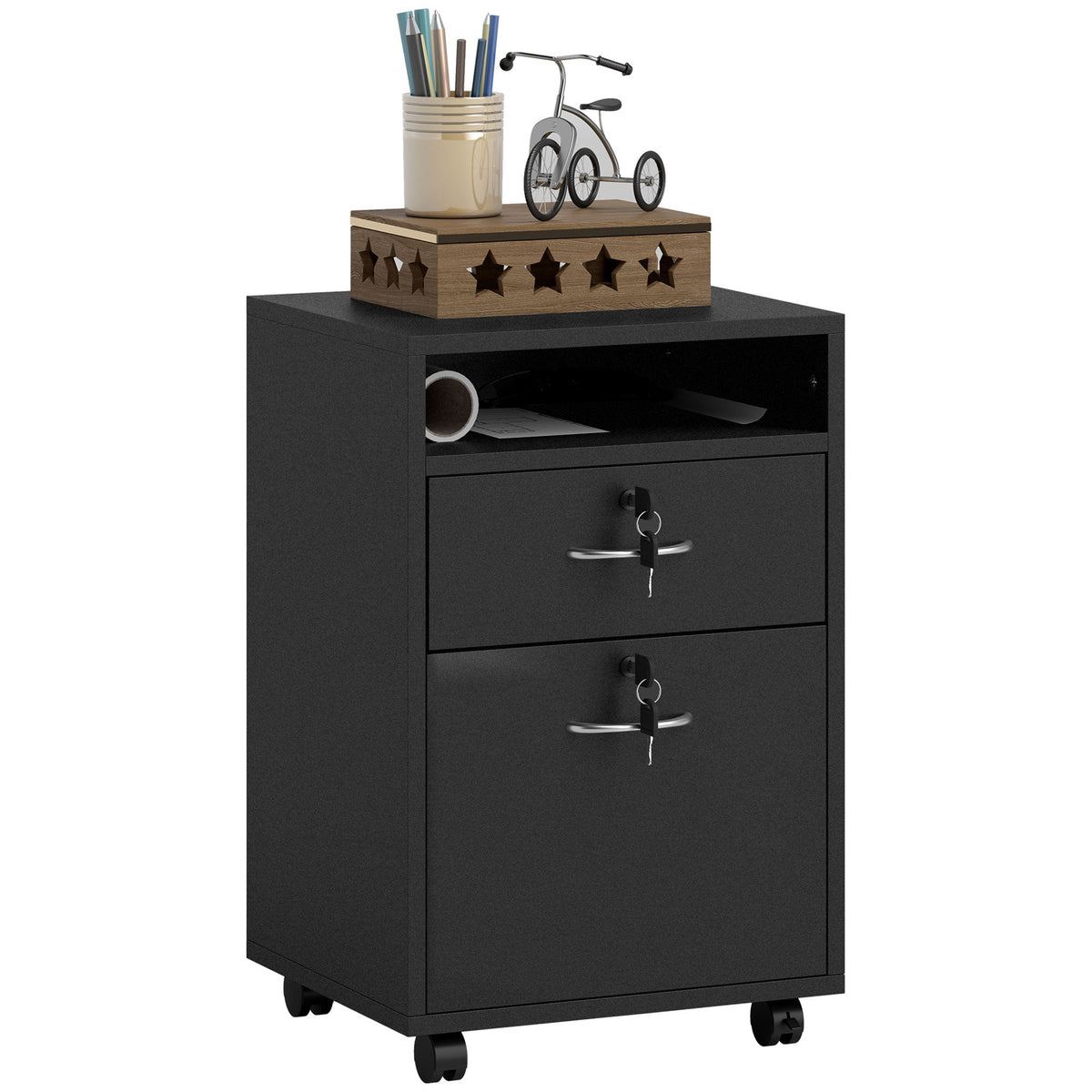 60cm Storage Cabinet with Drawers and Open Shelf, Black