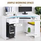 L-Shaped Corner Computer Desk with 2 Shelves, Wide Worktop, Keyboard Tray, Drawer and CPU Stand, Home Office Study Bedroom Furniture, White