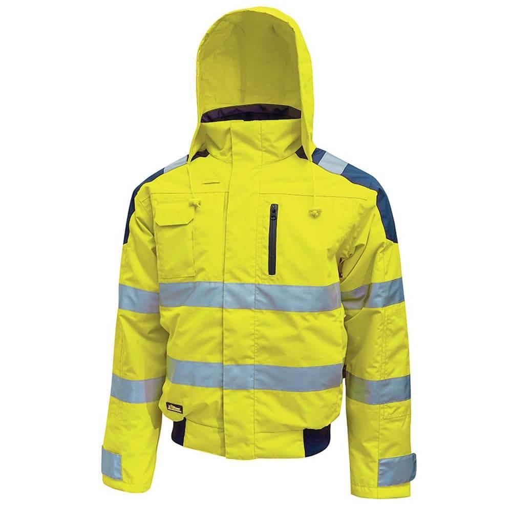 U-Power Best Hi-Vis Waterproof Breathable Work Bomber Jacket Hood Yellow Fluorescent