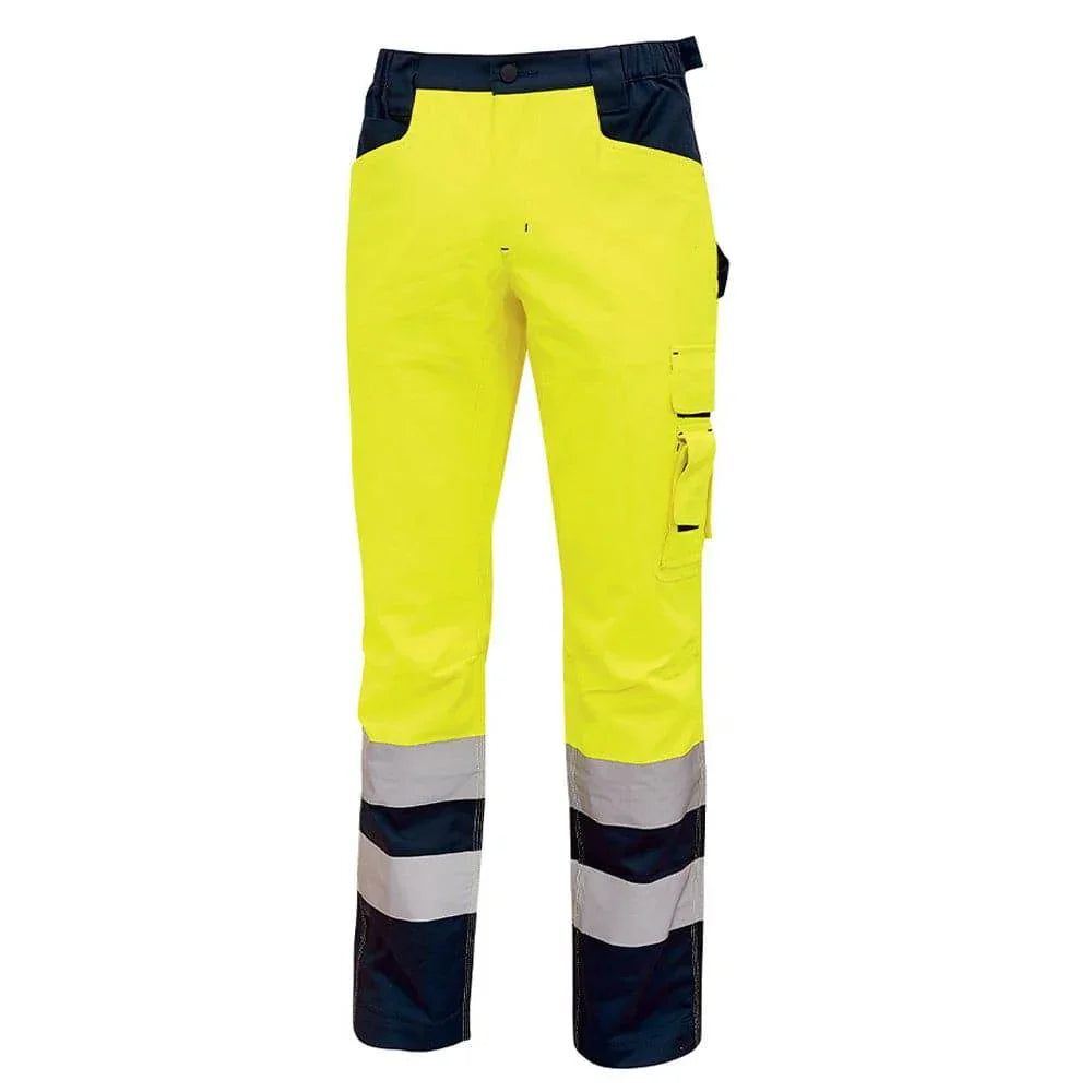 U-Power Light Hi-Vis Combat Cargo Work Trousers Elasticated Waist Yellow Fluorescent