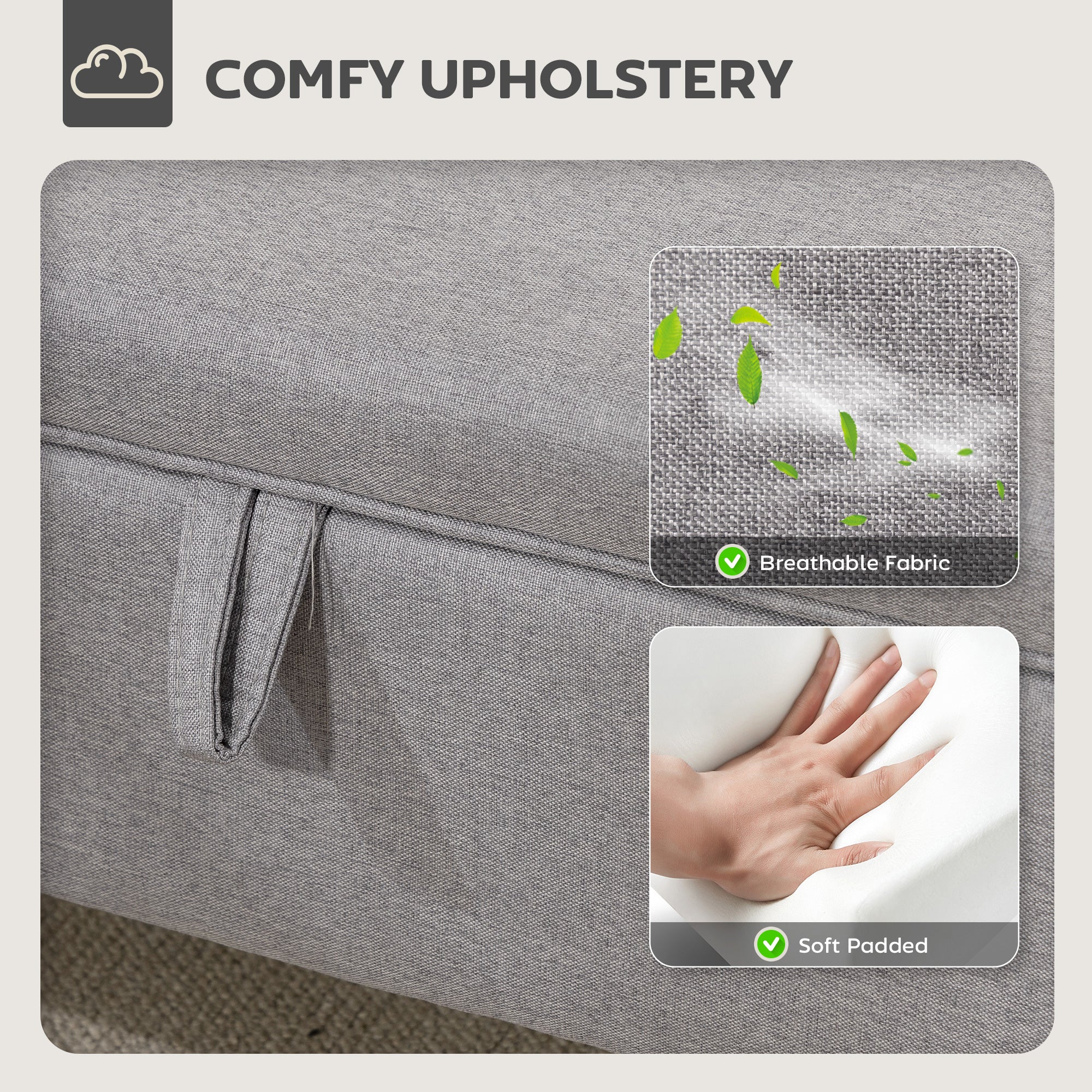 16L Linen Storage Ottoman Padded Footstool with Rubberwood Legs, Light Grey
