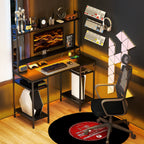 Computer Desk with Power Outlets and LED Lights, Home Office Desk with Monitor Stand and 2 CPU Stands, Study Table Gaming Desk with Hutch, Black