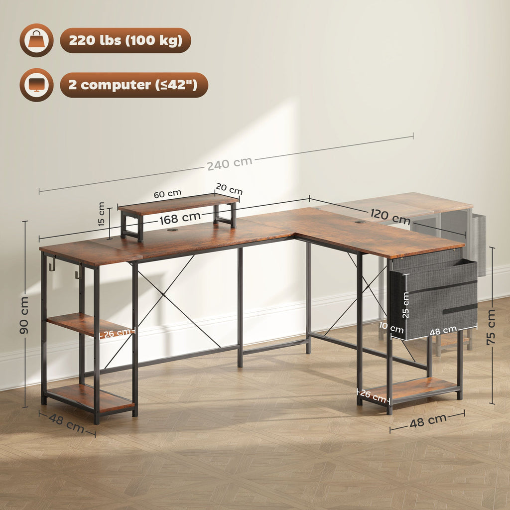 168cm Reversible L Shaped Desk, Industrial Corner Computer Desk with Adjustable Shelf and Storage Bag, 240cm 2 Person Desk with Monitor Stand, Rustic Brown