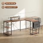 168cm Reversible L Shaped Desk, Industrial Corner Computer Desk with Adjustable Shelf and Storage Bag, 240cm 2 Person Desk with Monitor Stand, Rustic Brown