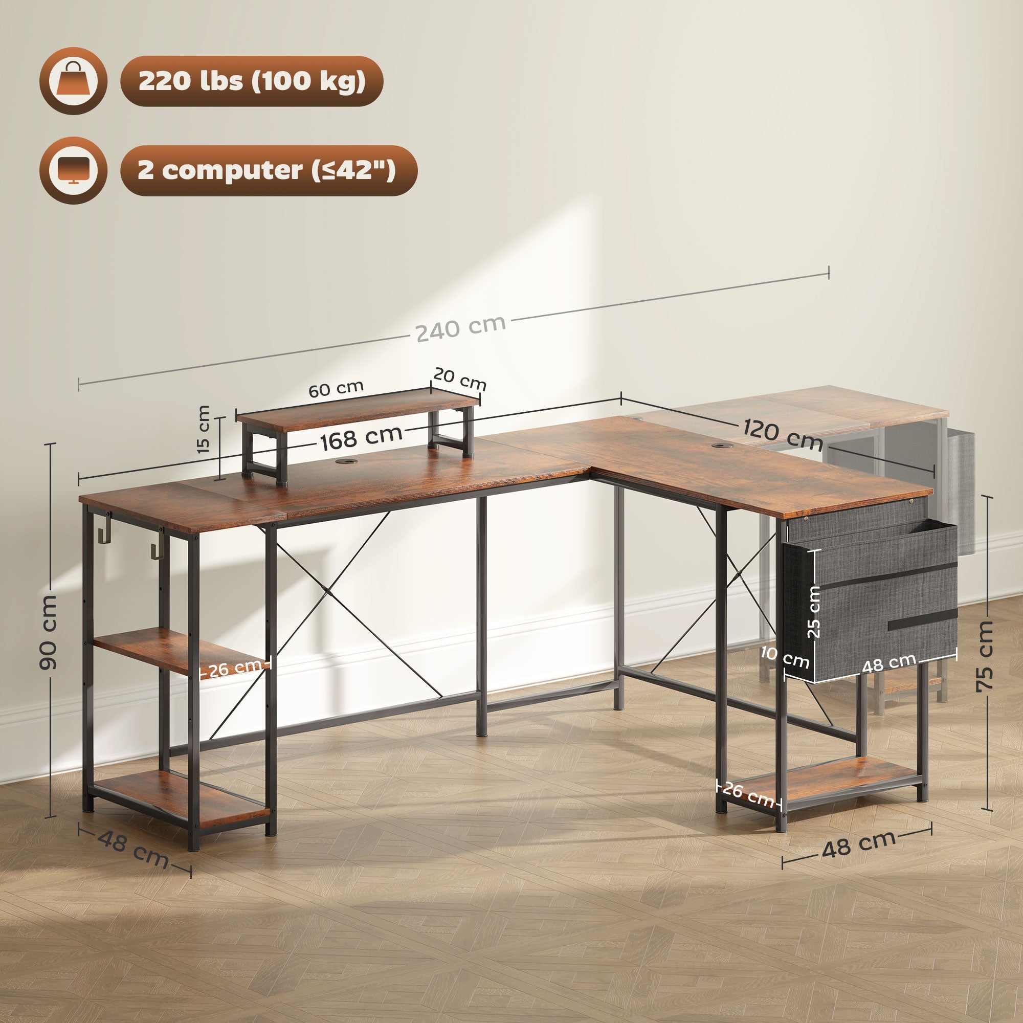 168cm Reversible L Shaped Desk, Industrial Corner Computer Desk with Adjustable Shelf and Storage Bag, 240cm 2 Person Desk with Monitor Stand, Rustic Brown