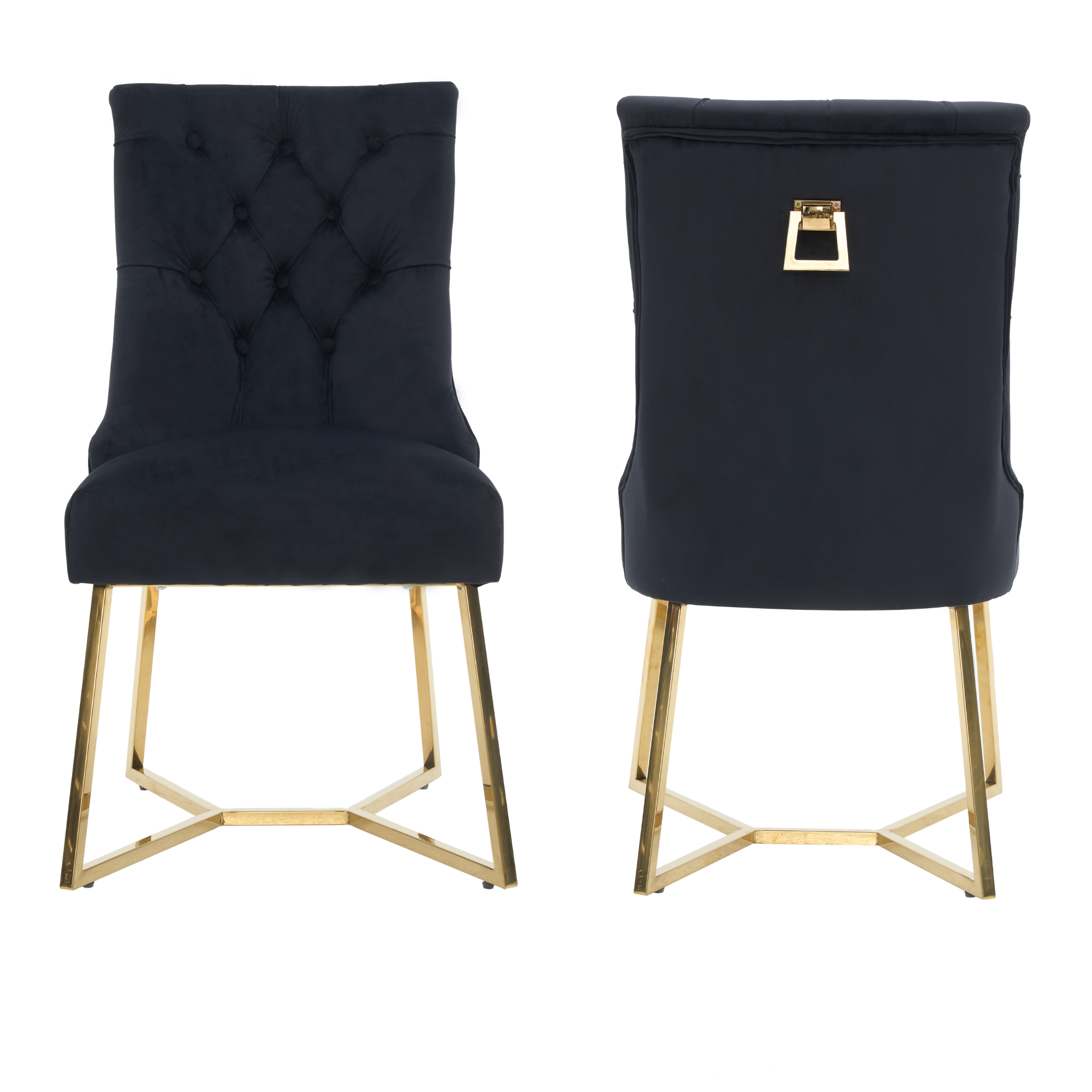 Velvet Dining Chair – Tufted Luxury Accent with Gold Legs & Ring Pull Black Set of 2