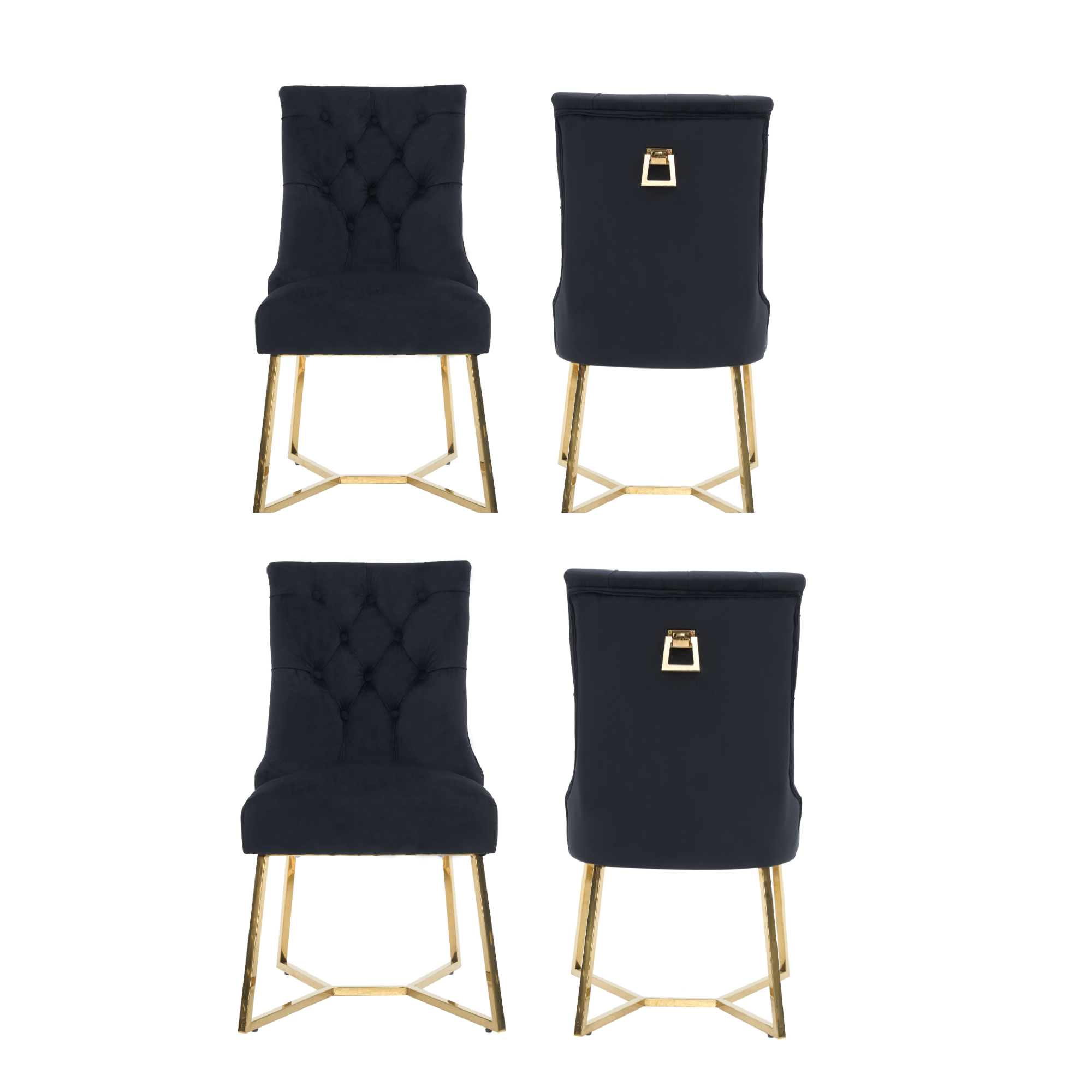 Velvet Dining Chair – Tufted Luxury Accent with Gold Legs & Ring Pull Black Set of 4