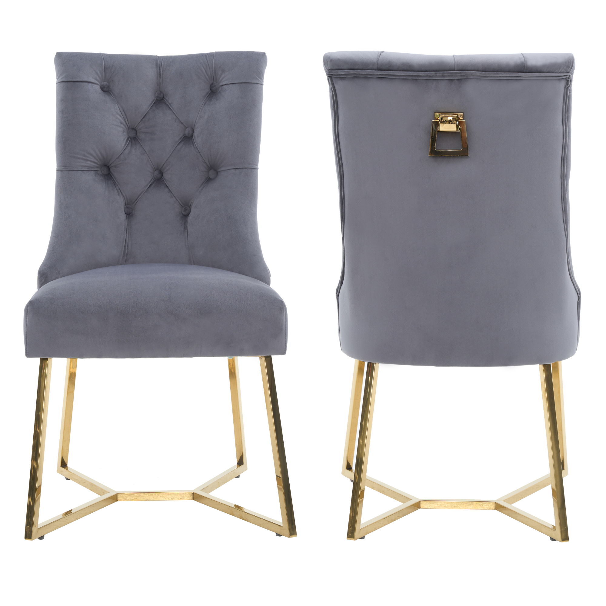 Velvet Dining Chair – Tufted Luxury Accent with Gold Legs & Ring Pull Gray Set of 2