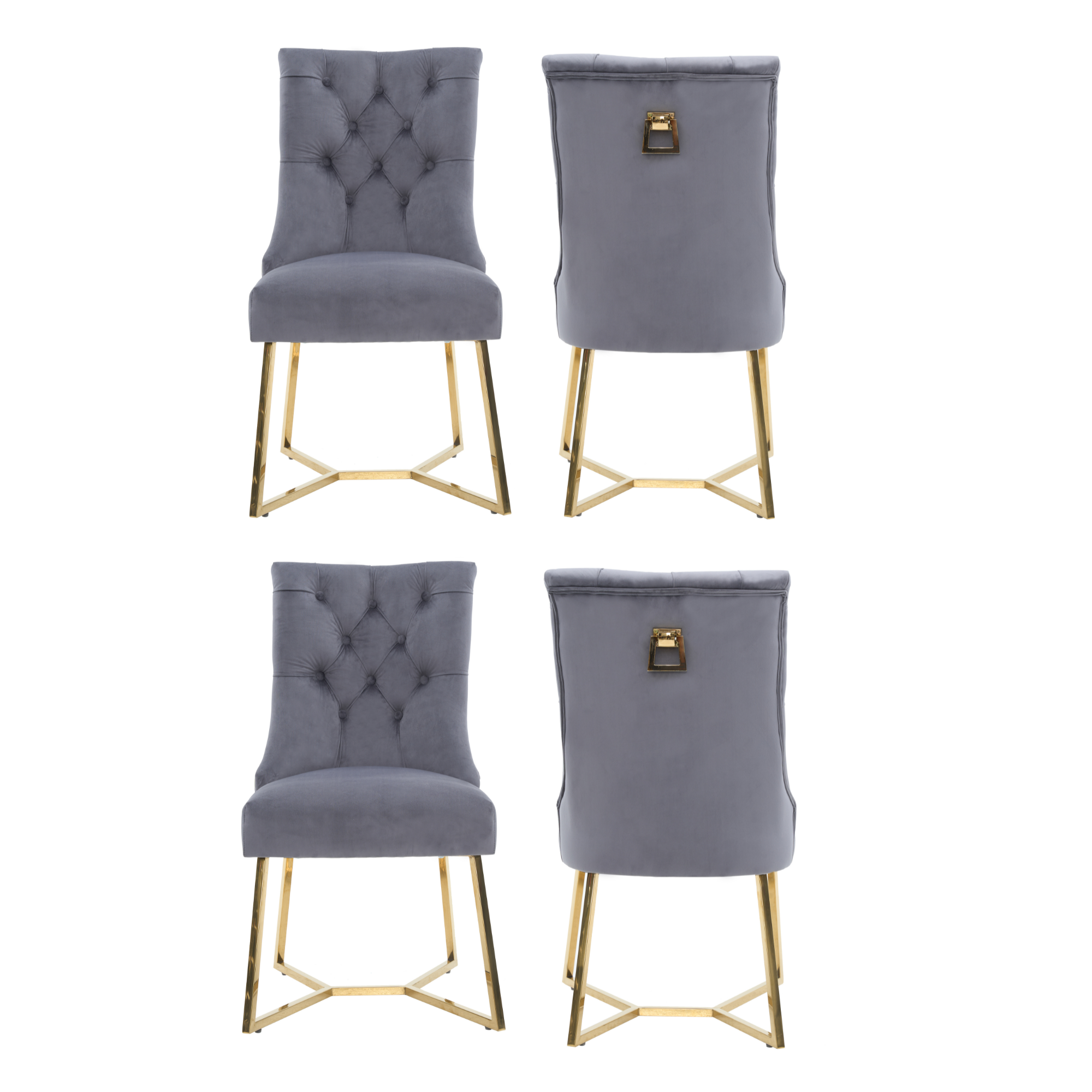 Velvet Dining Chair – Tufted Luxury Accent with Gold Legs & Ring Pull Gray Set of 4