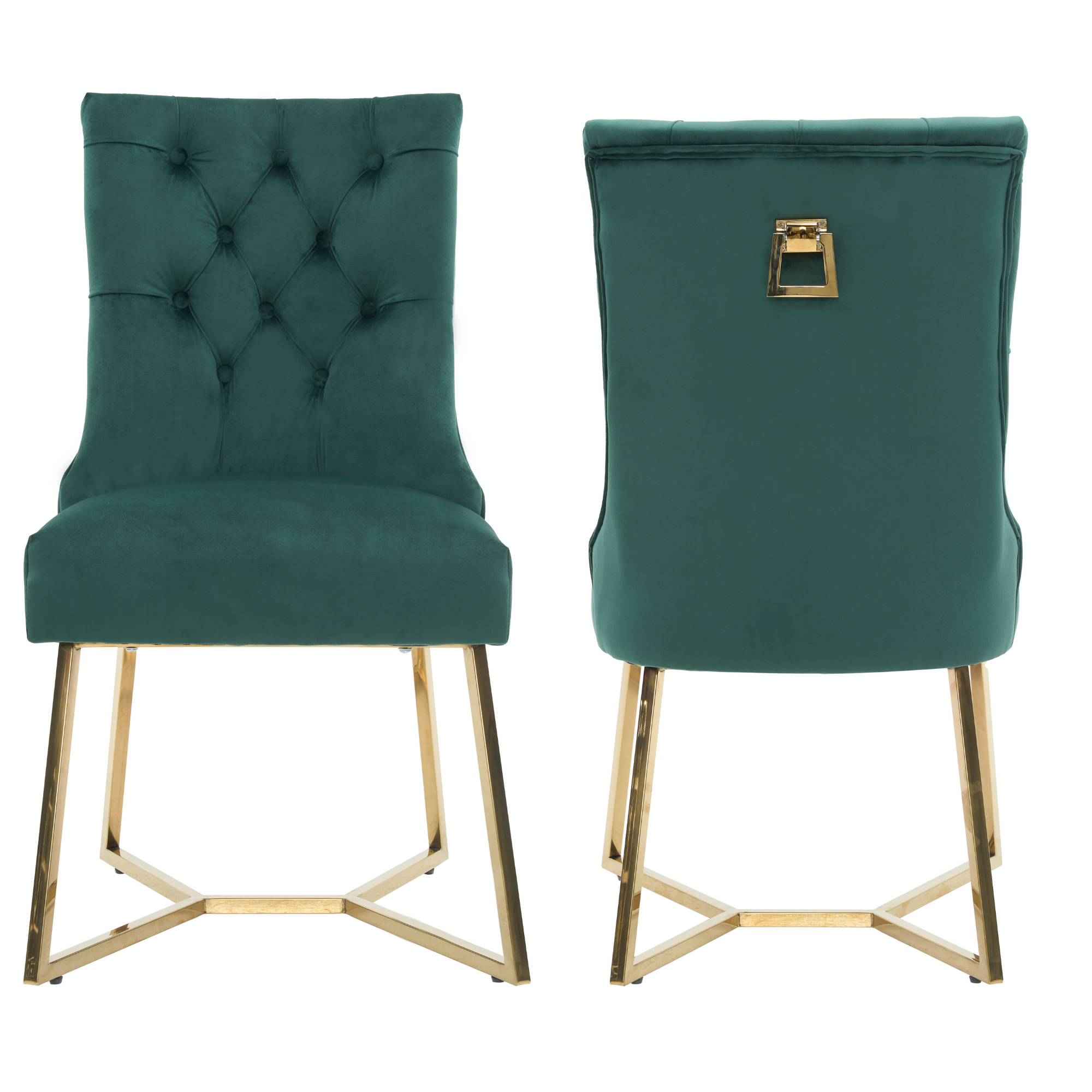 Velvet Dining Chair – Tufted Luxury Accent with Gold Legs & Ring Pull Green Set of 2
