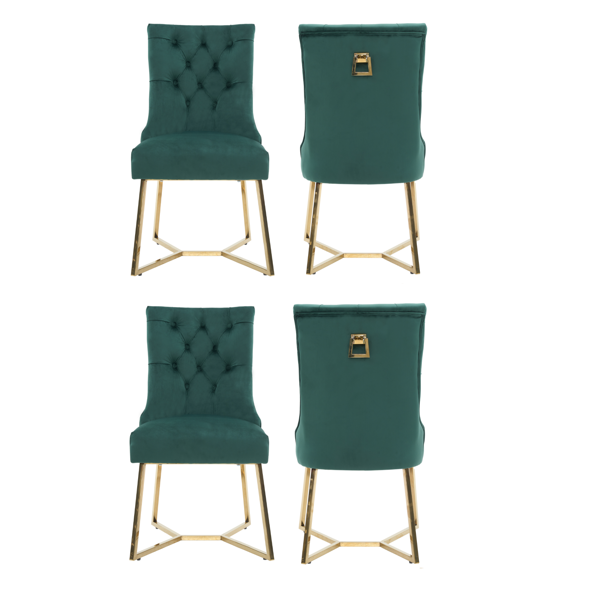 Velvet Dining Chair – Tufted Luxury Accent with Gold Legs & Ring Pull Green Set of 4