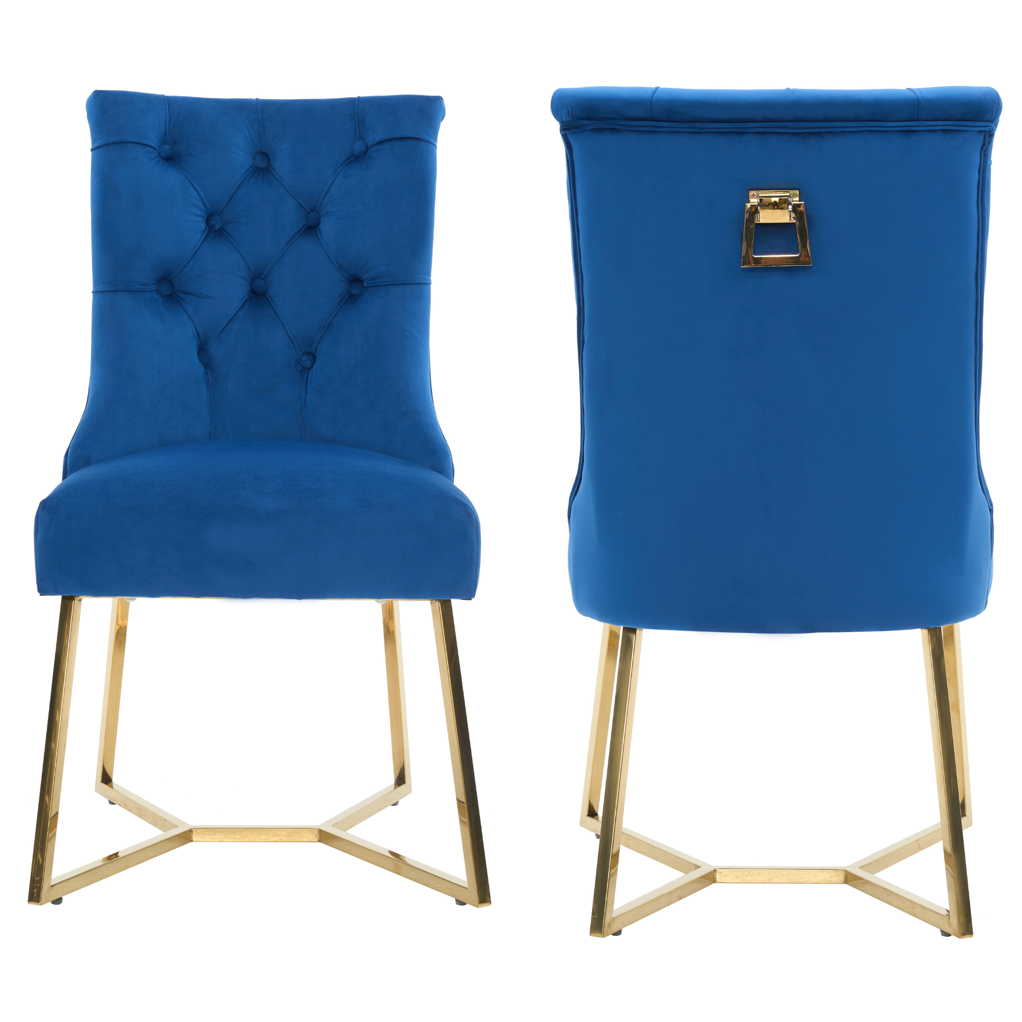 Velvet Dining Chair – Tufted Luxury Accent with Gold Legs & Ring Pull Blue Set of 2
