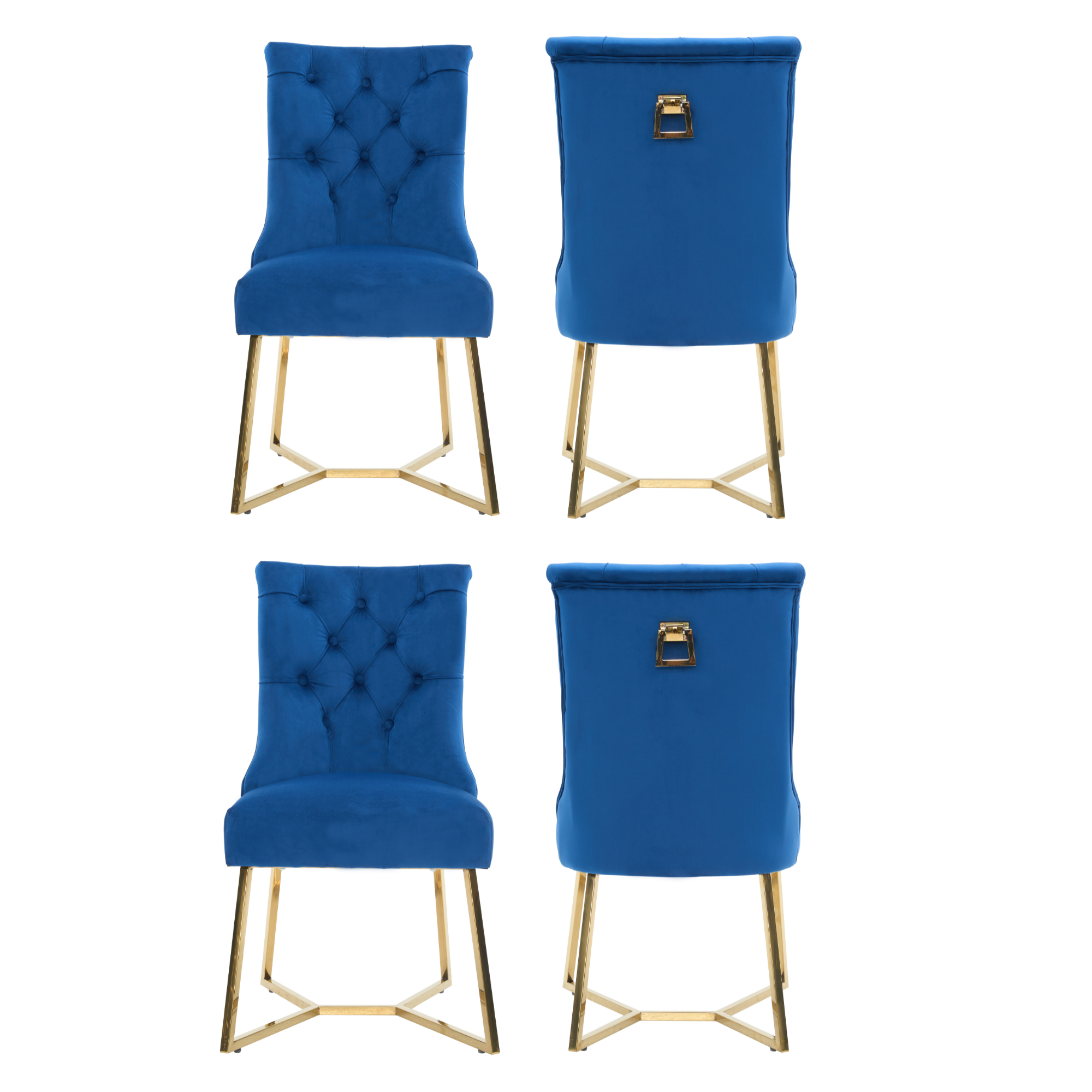 Velvet Dining Chair – Tufted Luxury Accent with Gold Legs & Ring Pull Blue Set of 4