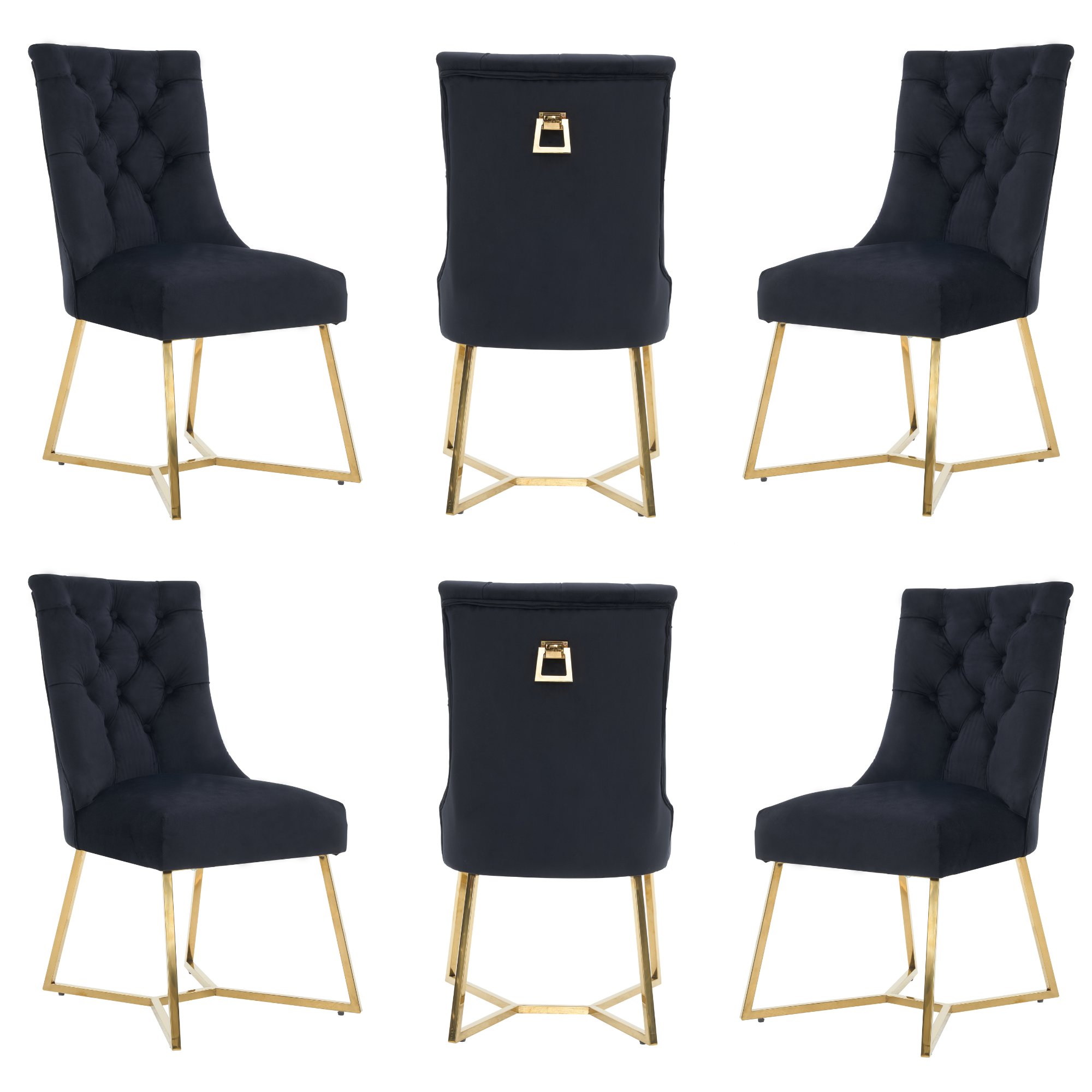 Velvet Dining Chair – Tufted Luxury Accent with Gold Legs & Ring Pull Black Set of 6