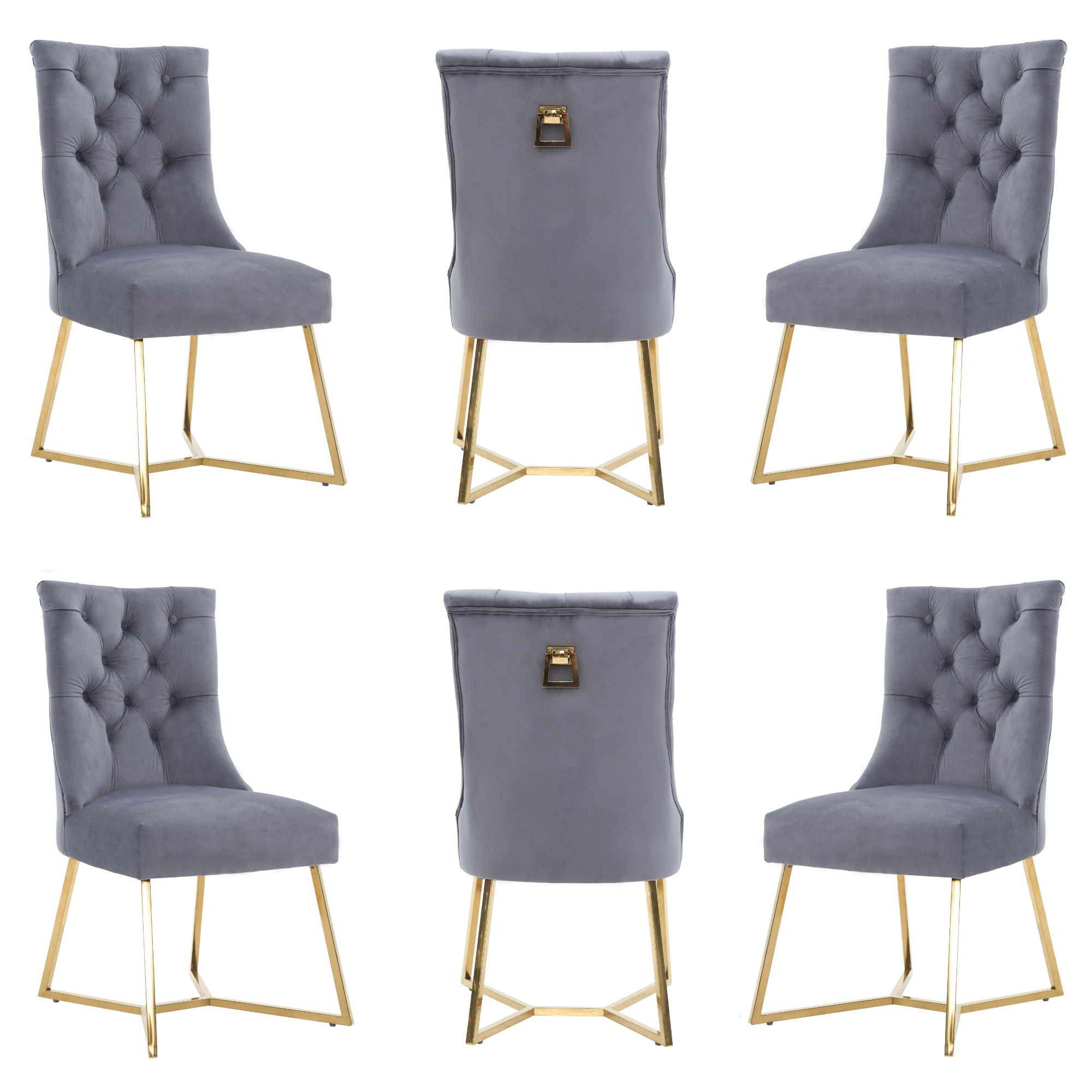 Velvet Dining Chair – Tufted Luxury Accent with Gold Legs & Ring Pull Gray Set of 6