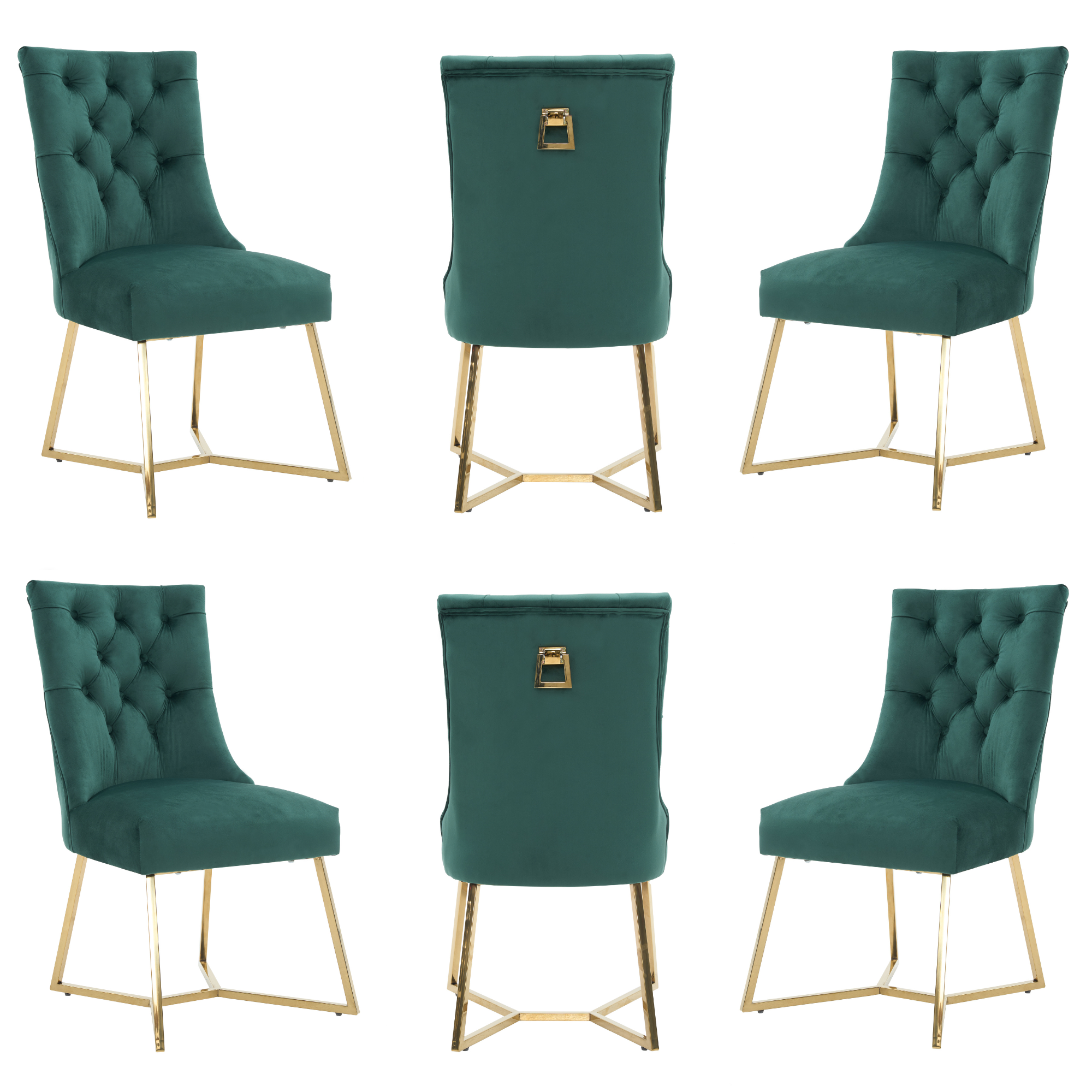 Velvet Dining Chair – Tufted Luxury Accent with Gold Legs & Ring Pull Green Set of 6