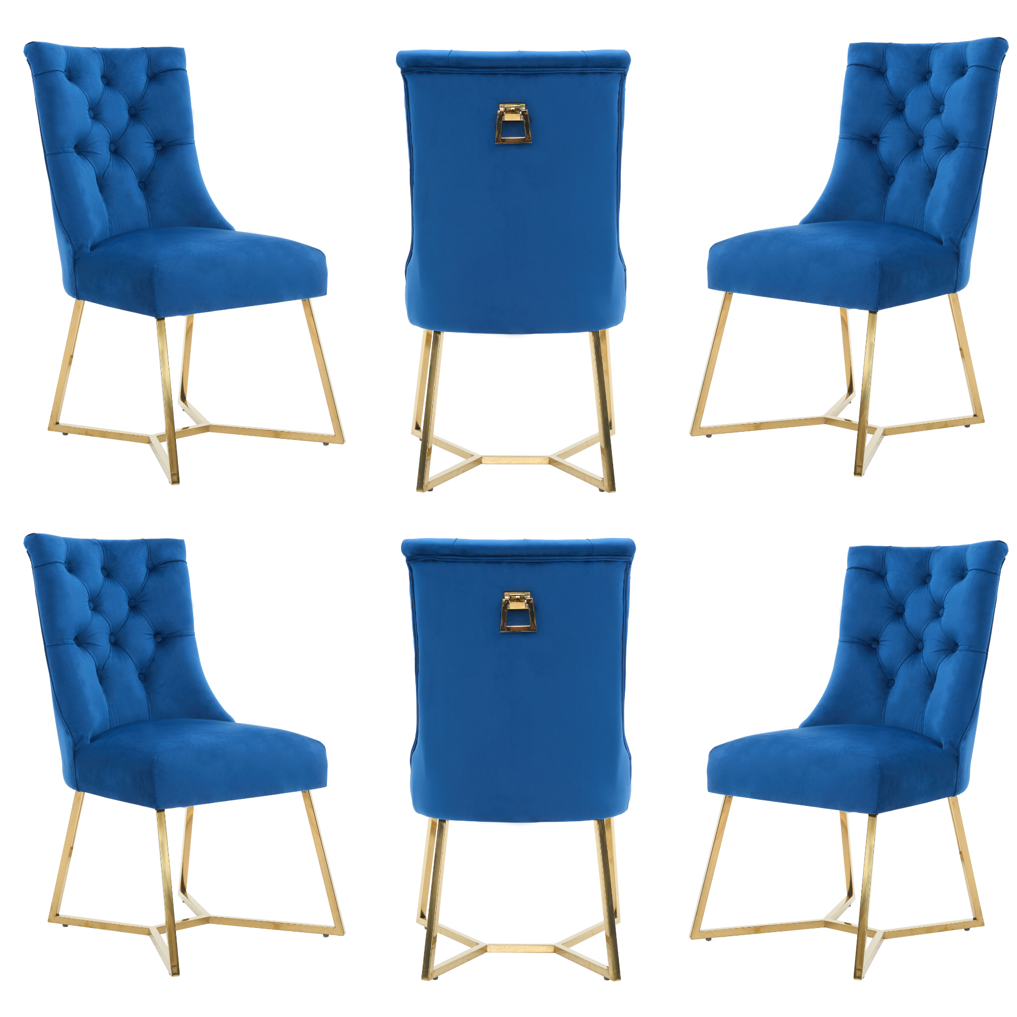 Velvet Dining Chair – Tufted Luxury Accent with Gold Legs & Ring Pull Blue Set of 6