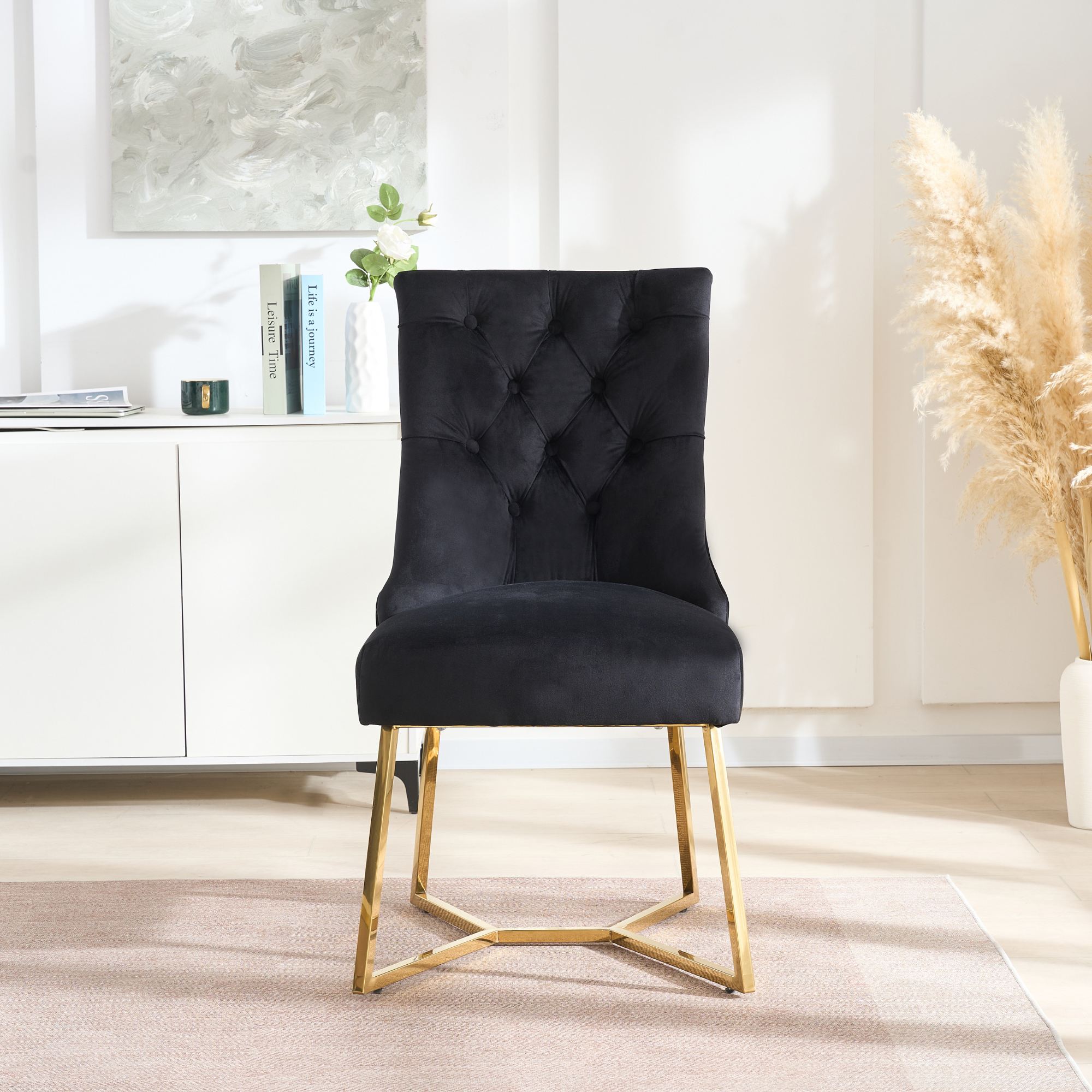 Velvet Dining Chair – Tufted Luxury Accent with Gold Legs & Ring Pull