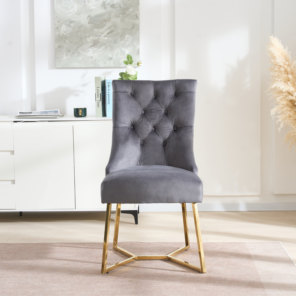 Velvet Dining Chair – Tufted Luxury Accent with Gold Legs & Ring Pull