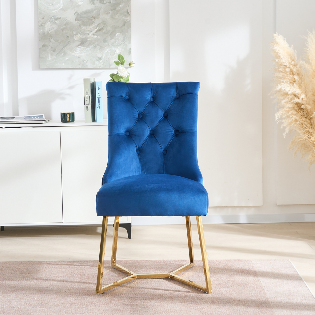 Velvet Dining Chair – Tufted Luxury Accent with Gold Legs & Ring Pull