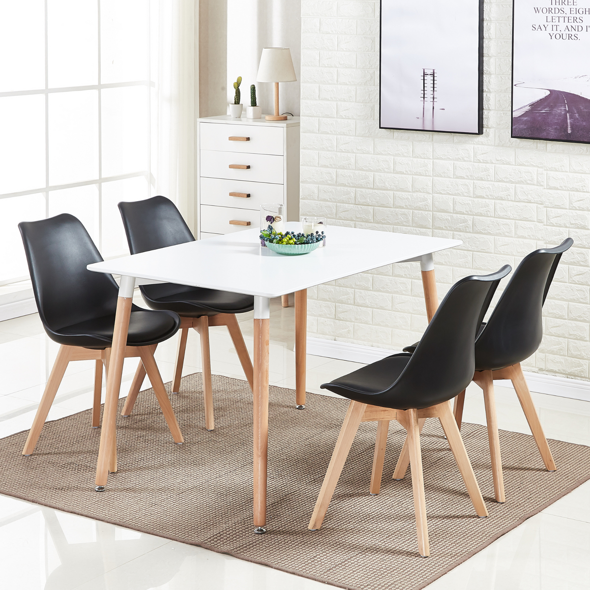 White Halo Dining Table & Set of 4 Lorenzo Jamie Tulip Dining Chairs with Padded Seat Black