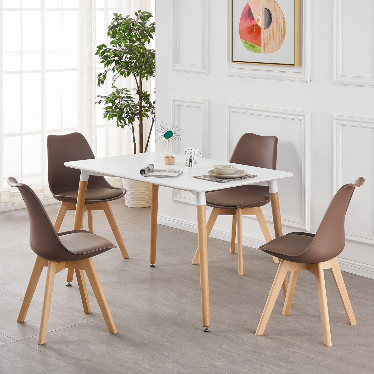 White Halo Dining Table & Set of 4 Lorenzo Jamie Tulip Dining Chairs with Padded Seat Brown