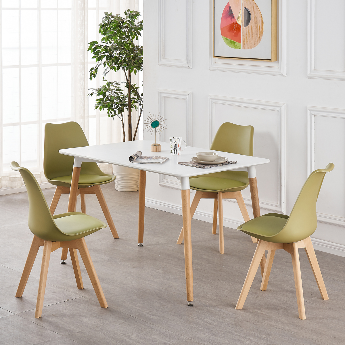 White Halo Dining Table & Set of 4 Lorenzo Jamie Tulip Dining Chairs with Padded Seat Green