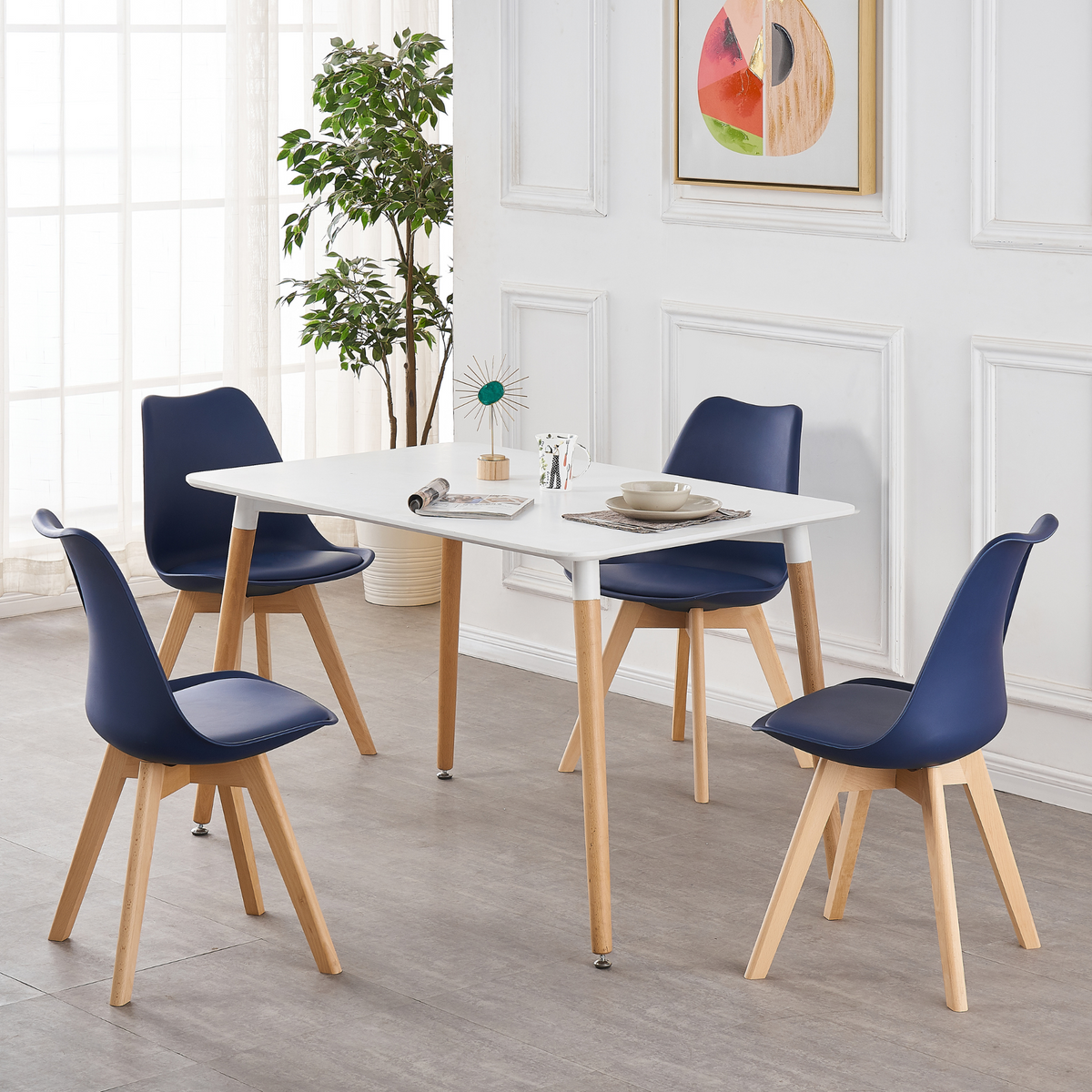 White Halo Dining Table & Set of 4 Lorenzo Jamie Tulip Dining Chairs with Padded Seat Royal Blue