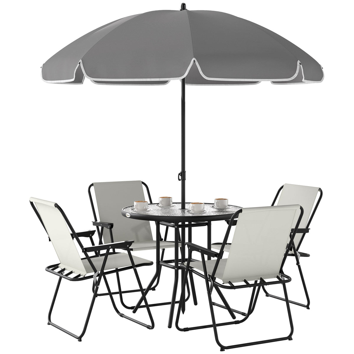 6 Pieces Garden Furniture Set with Parasol, Folding Chairs Cream